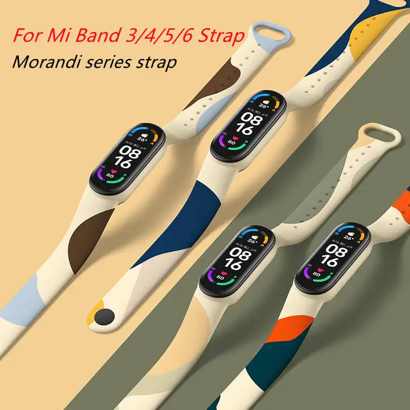 Fashion Morandi Color Pattern Silicone Bracelet Replacement TPU Watch Strap For Xiaomi Mi Band 6 5 4 3 Rubber Watch Band Women