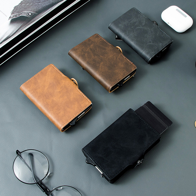 RFID Aluminum Pop up Card Holder Men PU Leather Minimalist Wallet with Zipper Pocket Credit Cardholder Metal Wallet for Men