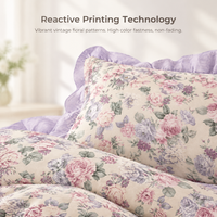 Parure de lit 3 pièces 100 % coton à motif floral violet, housse de couette à volants style princesse, imprimé réactif, couvre-lit pastoral