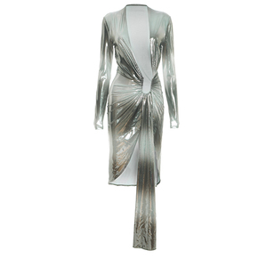 Viviblook J25DS300 Vestido de Noche para Mujer con Cuello en V Profundo, Manga Larga, Ajustado, Sexy, con Abertura y Lazo - Product Image 6