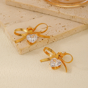 Bowknot <b>Stud</b> <b>Earrings</b> Gold <b>Crystal</b> Heart Rhinestone 18K Plated Party Fashion Jewelry - Product Image 1