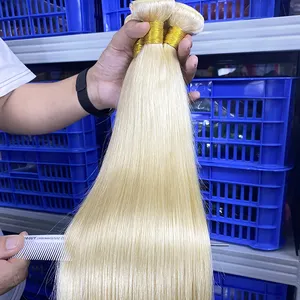 #613 Raw Vietnam kutikula selaras Virgin rambut pirang manusia bundel Hd renda 613 Frontal dan 5x5 renda penutup ekstensi Vendor