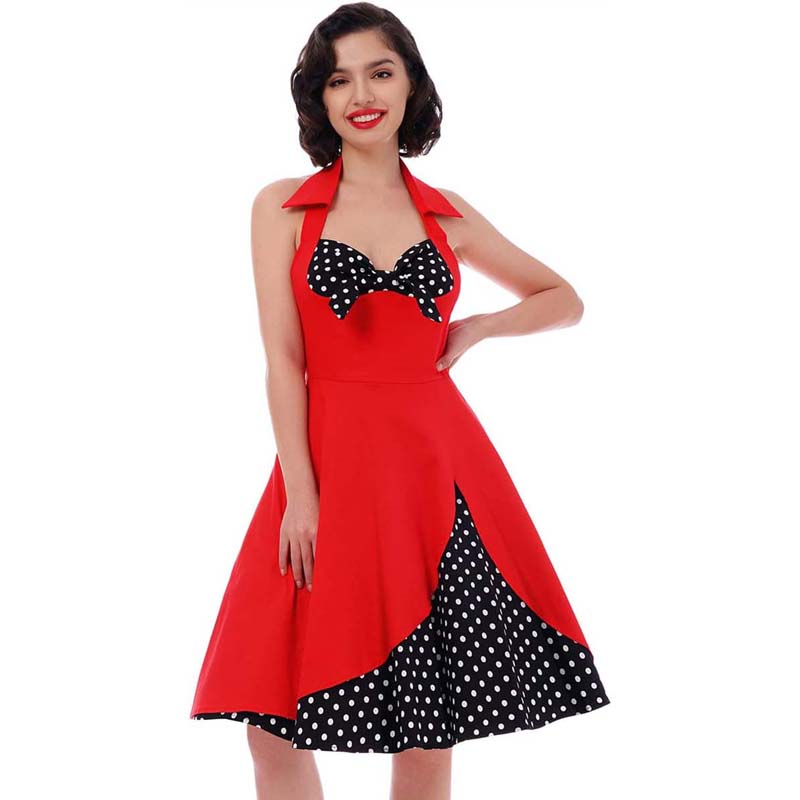 Women Vintage Halterneck Polka Dot 1950s Retro Rockabilly Dress Ythc-007