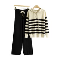 Ensemble décontracté deux pièces pour femme automne-hiver : survêtement sportif rayé avec sweat à capuche et pantalon large