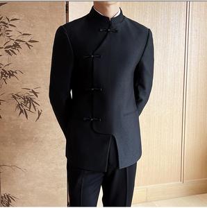 Men's Chinese Style Zhongshan Single Breasted Zipper Fly Flat <strong>Suit</strong> 2-Piece Set for <strong>Wedding</strong> Hosts Plus Size - Product Image 4