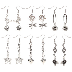 ต่างหูห้อยสไตล์โบฮีเมียนวินเทจสีเงิน ดีไซน์ลายกุหลาบและแมลงปอแบบโปร่ง เครื่องประดับแฟชั่นปี 2023 - Product Image 1