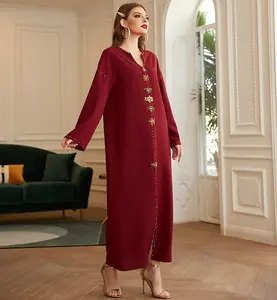 Concise Neckline Drilled Slim Robe Abaya New Designs Beads Temperament Women Kurti Urban Leisure Middle East Abaya Dubai Islam