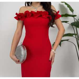 Vestido de Noche Elegante Negro de Satén con Hombros Descubiertos, Volantes y Cintura Natural, Modelo 3021 - Product Image 6