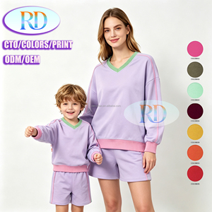 New Autumn Yellow <strong>Matching</strong> Family V-Neck Sweatshirt Set Color-Block Long-Sleeve Top &amp; Shorts Bamboo Terry Casual Daily <strong>Outfits</strong> - Product Image 2