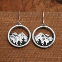 Boucles d'oreilles pendantes rondes couleur argent Montagne et pin pour femme, bijoux de mode pour mariage, cadeaux, boucles d'oreilles pendantes Alpine Dreamer