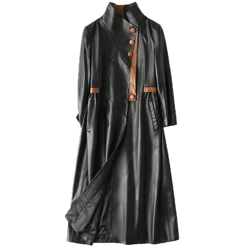 2022 Genuine coat sheepskin black long leather trench coats for ladies women