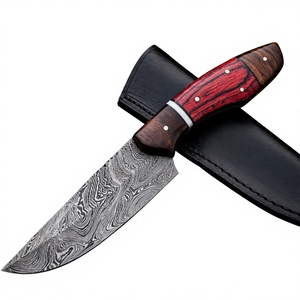 Cuchillo de caza hecho a mano de acero de Damasco, hoja fija de punta caída, mango de madera, 15 pulgadas, funda de cuero - Product Image 1
