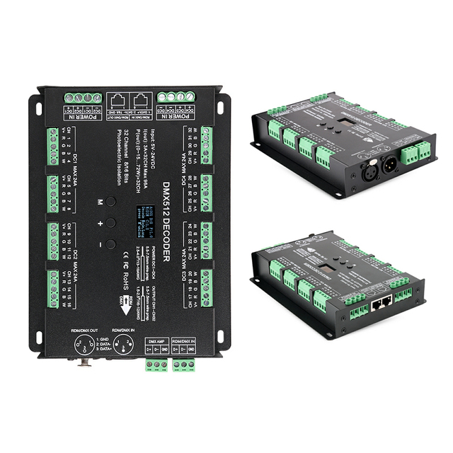 32 Channel DMX512 RDM Decoder DC5-24V 96A PWM LED Controller XLR3 RJ45 Terminal Signal Converter for RGB RGBW LED Stage Lights