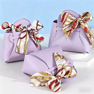 Luxury PU Leather <b>Wedding</b> Candy <b>Box</b> with Silk Scarf Bow Custom Portable <b>Gift</b> Pouch for Party Favors - Product Image 2