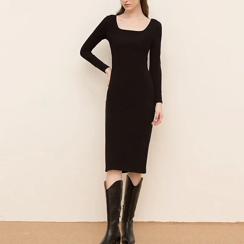 Customize Square Collar Cotton Mid-length Sweater Dress Black Female Solid Color Long Sleeve Slim Slit Pencil Knitted Dress