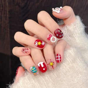 Design # 3163 Vente en gros de faux ongles courts et ronds pour <span class=keywords><strong>Noël</strong></span>, de haute qualité, faits à la main, luxueux, peints à la main, motif flocon de neige, en gel, à presser - Product Image 2