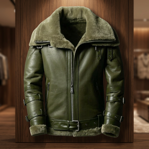 <b>Men</b> Genuine Leather <b>Jacket</b> Olive Green Moto Biker Style Polyester Lining Zipper Closure Winter Windproof Standard Regular Front - Product Image 4