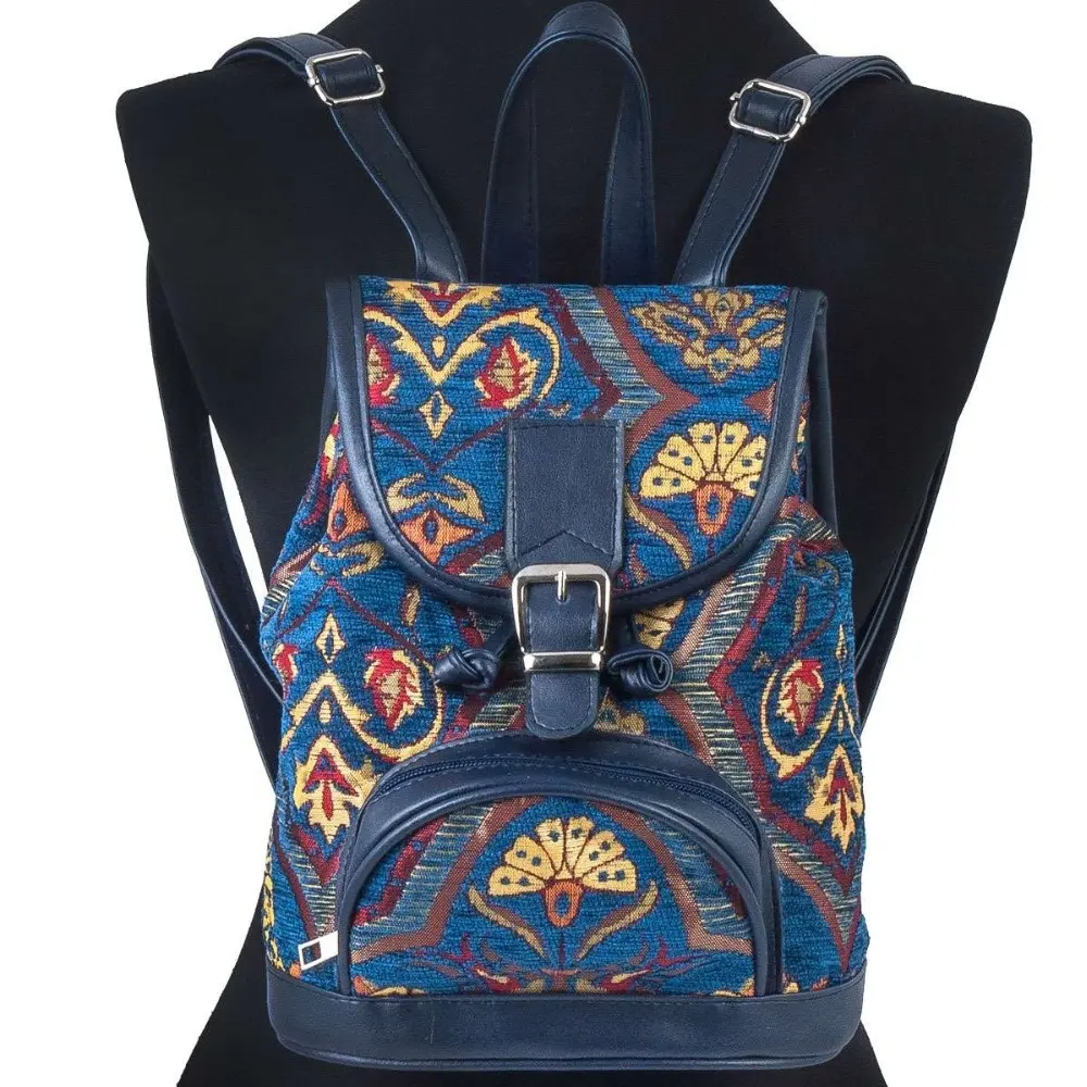 Türk otantik kilim sırt çantası mavi şönil kumaş ve eldiven desenli
