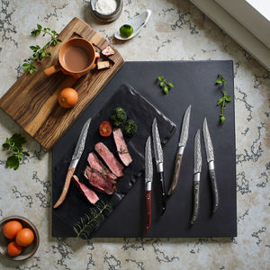 Set di coltelli da bistecca da 6 pezzi personalizzati con bordo seghettato lama in acciaio inossidabile affilato manico in legno in 6 colori-Pakkawood - Product Image 3