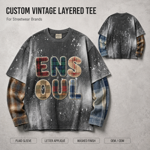 T-shirt Oversize da <span class=keywords><strong>Uomo</strong></span> Personalizzata a Doppio Strato a Maniche Lunghe, con Lavaggio Vintage, Applicazioni a <span class=keywords><strong>Quadri</strong></span> e Patchwork, Verniciatura Spray - Product Image 1