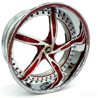 Rines Forjados JG Blade de 5 Radios, Rojos Mecanizados, Bicolor con Remaches Cromados, Diseño Cóncavo Profundo, Offset Personalizado para Modificación de Muscle Cars JDM