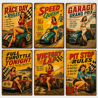 Plaque en métal décorative murale vintage, style rétro amusant, thème course automobile Pin-up Girl, pour garage, bar, man cave