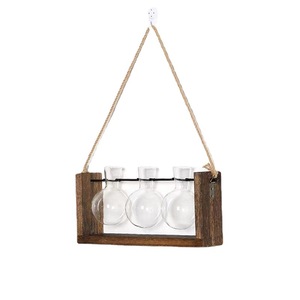 Retro Glass Hydroponic <b>Vase</b> With Wooden <b>Stand</b> Wall Mounted Or Tabletop For Pothos Plant Decorative Test Tube Style - Product Image 1