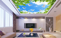 Revêtement mural et de plafond en papier géométrique 3D Guangzhou Ihouse Beauty Landscape avec motifs ciel bleu, colombe blanche et brindilles de cerisier