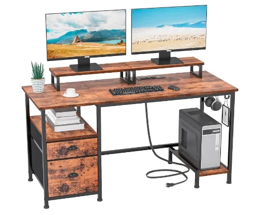 Компьютерный стол с выдвижным ящиком и розетками офисный стол с 2 подставками для мониторов и тканевой файловой кабиной для домашнего офиса