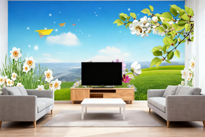 Papier peint de paysage de prairie florale de printemps avec des avions en papier, papier peint scénique frais pour la décoration de bureau de restaurant - Product Image 2