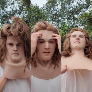 Masque de tête en silicone pour homme, pour film, costume, cosplay, doux, élastique, réutilisable, avec cheveux longs faits à la main, pour un jeune homme élégant - Product Image 2