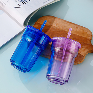 Nhựa phẳng dưới cup với rơm và nắp thủy tinh với rơm và nắp Iced cà phê Mug tái sử dụng du lịch Mug chai nước cho các bên - Product Image 3