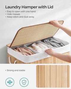 150 L 3 Compartiments Clip-on Couvercle Pliable Bambou Panier à Linge avec Poignées pour Lessive Toom, Chambre et Salle de Bains - Product Image 4