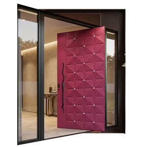 Porte d'entrée pivotante intelligente sur mesure en aluminium anti-effraction, style italien, luxe léger, rouge, géométrique tridimensionnel, à décalage - Product Image 5