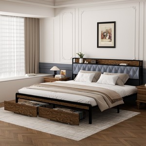 Cadre de lit rembourré en lin, gain de place, directement de l'usine, avec tiroirs de rangement multifonctionnels et <span class=keywords><strong>sommier</strong></span> à <span class=keywords><strong>lattes</strong></span> renforcé - Product Image 2