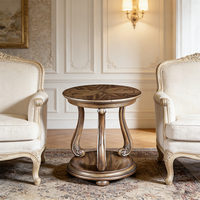 Table d'appoint ronde en bois massif de style français, à double niveau, sculptée, avec pieds courbés, table d'appoint vintage en bois vieilli pour villa et appartement