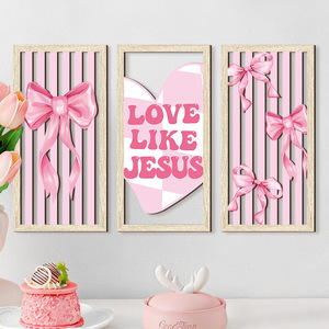 KingWIN <b>Pink</b> Bow Wooden Wall Hanging Rectangle Home Decor Valentine'S Day Cartoon Style - Product Image 1