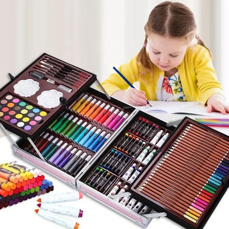 علبة هدايا مكونة من 145 قطعة متنقلة بطبقتين للأولاد والبنات مجموعة حقيبة مستلزمات رسم فنية ملونة