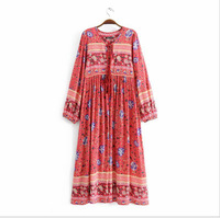 204 impression florale longue robe bohême col en V à manches longues taille haute femmes décontracté coreen style longueur de plancher