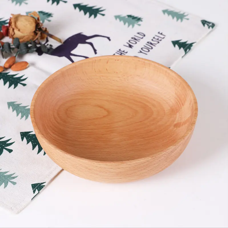 4.5 cm height natural round beech wood wooden salad bowl set