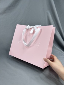 Luxury Pink Matte Paper Bags with Satin Bow Handle - Custom White <b>Hot</b> Stamping Logo Gift Bags for Boutiques for Party - Product Image 1