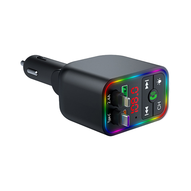 Colorful 12-24V Car Charger with PD Fast Charge Retractable Cable FM Transmitter for Wireless MP3 Player 1-Year Warranty