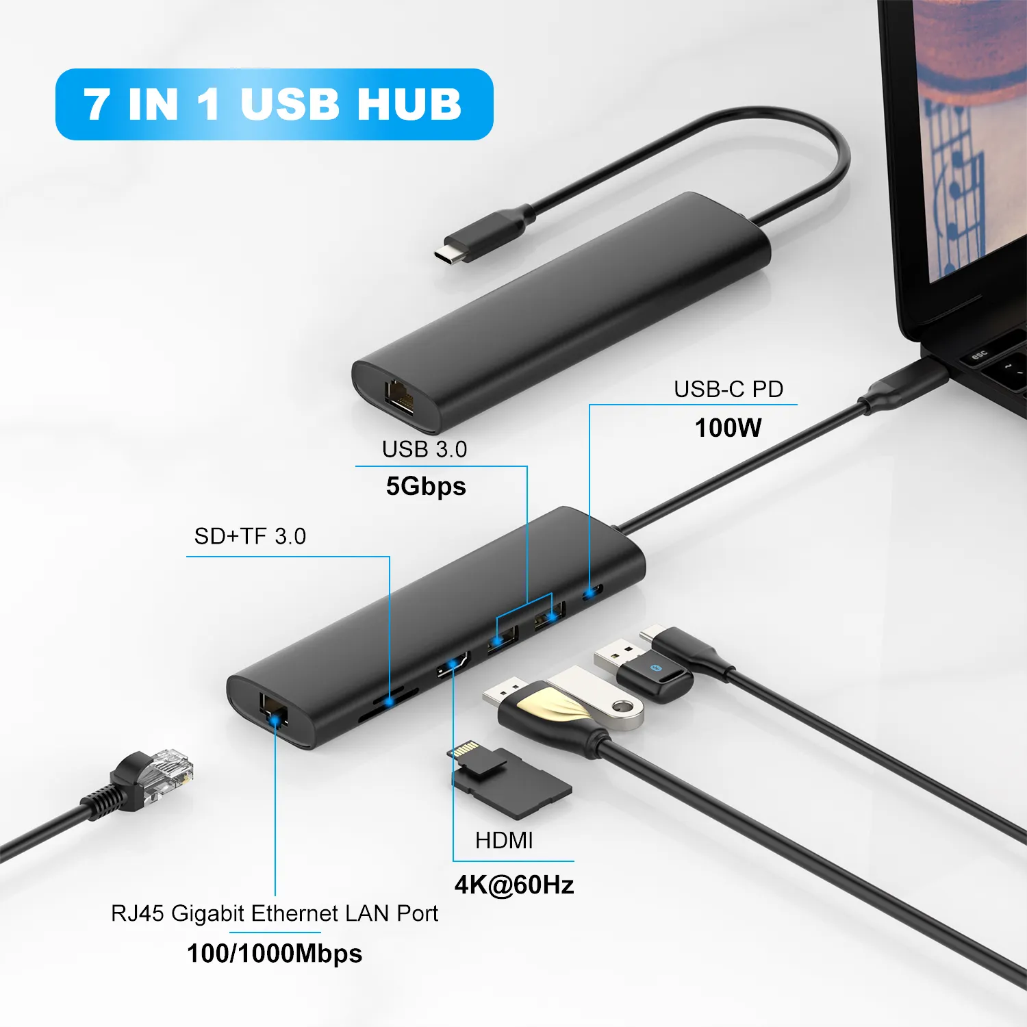 Yeni varış özel teklif düşük fiyat 7 Port USB Hub 100W PD 4K HD USB3.0 tipi C Port Hub dizüstü MacbookPro için