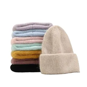 Angora Plain Handmade Knitted Wool Hat Fluffy Beanie Hat Soft Cozy Warm Winter Hat Women