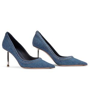 Prezzo all'ingrosso Logo personalizzato classico Sexy <span class=keywords><strong>scarpe</strong></span> a punta con tacco sottile in metallo tessuto <span class=keywords><strong>Denim</strong></span> tacchi blu per le donne - Product Image 5