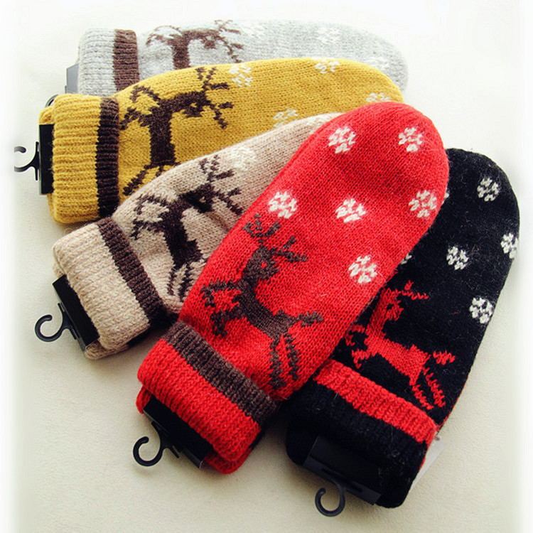 Christmas winter new lovely carton deer snowflake finger warm warm thickening knitted wool gloves women