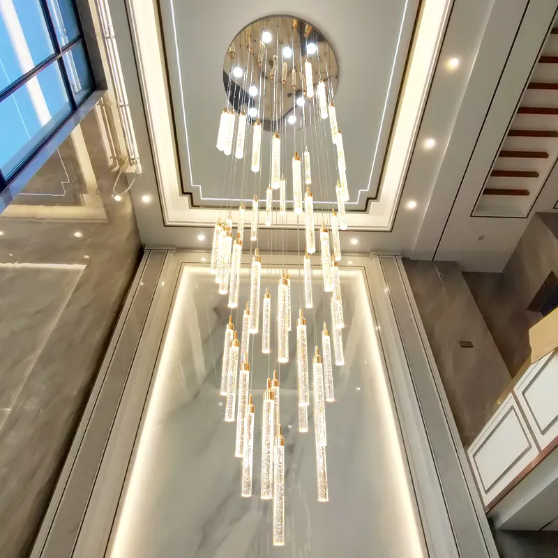 2024 New Modern Luxury Big Long Living Stairs Foyer Gold Silver Long Crystal LED Chandelier