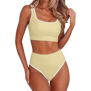 Conjunto de bikini de cintura alta para mujer, dos piezas, control de abdomen, cuello cuadrado, ribete en contraste, color crema - Product Image 1