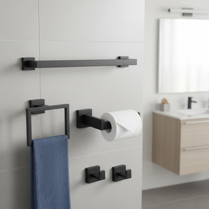 Ensemble d'accessoires de salle de bain en fer noir mat, emballé en boîte, porte-serviettes mural, meilleur prix - Product Image 1