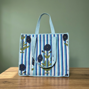 Bolso Tote Acolchado de Algodón, Estilo Vintage, con Estampado Floral y Rayas, con Cierre, para el Hombro, para Viajes Diarios y Playa - Product Image 1